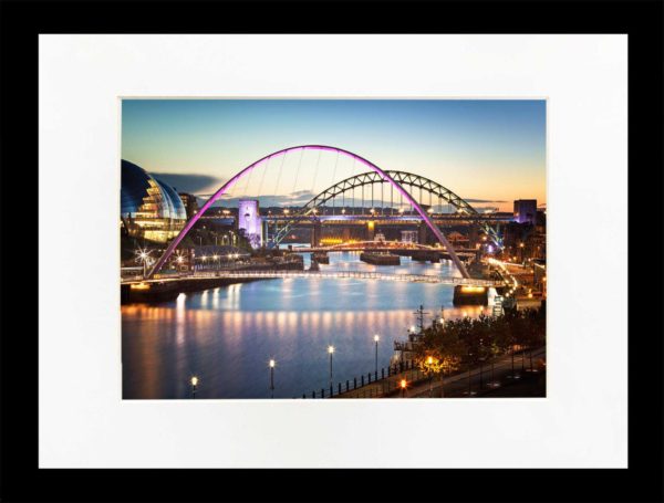 Tyne Bridges Photographic Print, Nighttime Photograph of the Newcastle Gateshead Quayside, Gateshead Millennium Bridge, Tyne Bridge, Sunset Photograph of the Newcastle Gateshead Quayside Gateshead Millennium Bridge Tyne Bridge