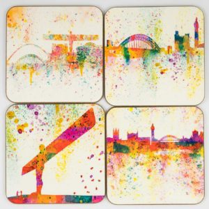 Angel and Quay Wood Coasters, Louisa E Taylor, Newcastle Watercolour Art Coasters, Newcastle Art, Angel of the North, Tyne Bridge, Gateshead Millennium Bridge, Newcastle Castle Keep, Newcastle Grey's Monument