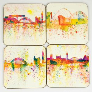 Newcastle In The Pink Wood Coasters, Splash of Toon, Newcastle Art Coasters, Louisa E Taylor, Newcastle Watercolour Art, Angel of the North, Tyne Bridge, Gateshead Millennium Bridge, Newcastle Castle Keep, Grey's Monument