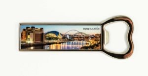 Tequila Sunset Bottle opener Magnet - newcastlegifts Tequila Sunset Bottle opener Magnet, Twilight Panoramic photograph of the Newcastle Gateshead Quayside, Gateshead Millennium Bridge, Tyne Bridge, Sage Gateshead