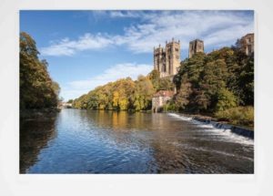 Durham Autumn Colours Greeting Card, Autumn photograph of the Durham Riverbanks Fulling Museum and Durham Cathedral Framwellgate Bridge, Durham Gift Product, Durham Cathedral Souvenir, North East Gift