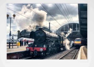 Greeting Card Scotsman and Azuma Train, Photograph of the Flying Scotsman steam locomotive at Newcastle Central Station, LNER Azuma train, Newcastle, Steam Locomotive Gift Product, Steam Train Gift, Railway Enthusiast