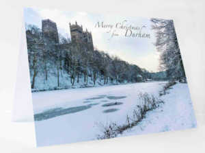 Christmas Card Frozen Wear Durham, Durham Cathedral, River Wear, Winter, Snow, Prebends Bridge, Winter Photograph of Durham Cathedral and the River Wear frozen over with snow, Durham Cathedral Christmas Card, Durham Christmas Gift Product, Durham Cathedral Souvenir, North East Gift