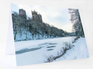 Christmas Card Frozen Wear, Winter Photograph of Durham Cathedral and the River Wear frozen over with snow, Durham Cathedral Christmas Card, Durham Christmas Gift Product, Durham Cathedral Souvenir, North East Gift
