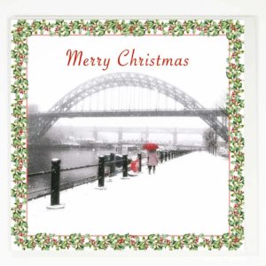 Christmas Card Newcastle Snow Red Umbrella, Newcastle Christmas Card, Winter photograph of the Newcastle Gateshead Quayside in the snow, Tyne Bridge, High Level Bridge, Swing Bridge, Newcastle Christmas Gift Product, Newcastle Gift, Geordie Gift, Newcastle Souvenir, North East Gift