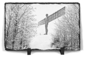 Photo Slate Snow Angel of the North, Black and White Photograph of the Angel of the North in the Snow, Gateshead Angel in the Snow, Newcastle Gift Product, Newcastle Souvenir, North East Gift