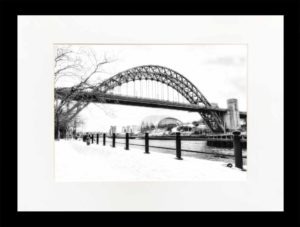 Snowy Newcastle Quayside photographic print, Snow photograph of the Newcastle Gateshead Quayside, Tyne Bridge, Gateshead Millennium Bridge, Sage Gateshead, Snow Photography, Newcastle Photograph, Black and White Photograph, Newcastle Gift, Newcastle Souvenir
