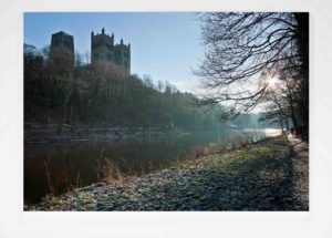 Sun on Durham Riverbanks Greeting Card, photograph of Durham Cathedral and the riverbanks, Prebends Bridge, Durham Gift Product, Durham Cathedral Souvenir, North East Gift