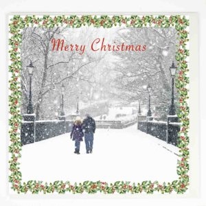 Christmas Card Armstrong Bridge Jesmond Dene - newcastlegifts Christmas Card Armstrong Bridge Jesmond Dene, Newcastle Christmas Card, Winter photograph of a couple walking over Armstrong Bridge at Jesmond Dene in the snow, Geordie Gift, Newcastle Gift Product, Newcastle Souvenir, North East Gift, Newcastle Christmas Gift