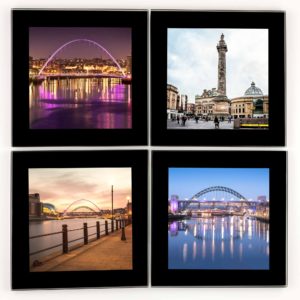 Newcastle Glass Coasters Millennium Bridge Pink 4 up, Glass Coasters with Newcastle photograph of Tyne Bridge Gateshead Millennium Bridge Newcastle Gateshead Quayside and Grey's Monument, Newcastle Gift, Geordie Gift, Newcastle Souvenir Product, North East Gift, Local Photographer
