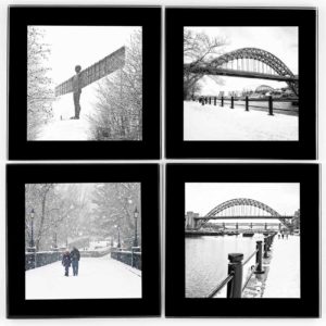 Newcastle Glass Coasters Snow Scenes 4 up, photograph of the Angel of the North in the Snow, Newcastle Gateshead Quayside in the snow, Armstrong Bridge Jesmond Dene in the snow, Newcastle Gift, Geordie Gift, Newcastle Souvenir, North East Gift, Newcastle snow photography, Local Photographer