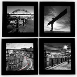 Newcastle Glass Coasters Tyne Bridge B&W 4up, Newcastle Coasters, Tyne Bridge, Angel of the North, Guildhall, Newcastle Gateshead Quayside, Newcastle Gift Product, Newcastle Souvenirs, Geordie Gifts, North East Gifts, Newcastle Black and white photography
