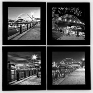Glass Coasters Newcastle Quayside B&W 4up, Newcastle Coasters, Tyne Bridge, Autumn Leaves, Guildhall, Newcastle Gateshead Quayside, Newcastle Gift Product, Newcastle Souvenirs, Geordie Gifts, North East Gifts, Newcastle Black and white photography