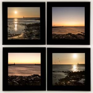 Tynemouth Sunrise Glass Coasters 4 up, Newcastle Glass Coasters, Sunrise photographs of Tynemouth Pier, Longsands Beach, King Edward's Bay, North Tyneside, North East Coast, Newcastle Photography, Newcastle Gift Product, Geordie Gift, North East Gift, Newcastle Souvenir, Local Photography