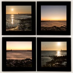 Tynemouth Sunrise Glass Coasters 4 up, Newcastle Glass Coasters, Sunrise photographs of Tynemouth Pier, Longsands Beach, King Edward's Bay, North Tyneside, North East Coast, Newcastle Photography, Newcastle Gift Product, Geordie Gift, North East Gift, Newcastle Souvenir, Local Photography