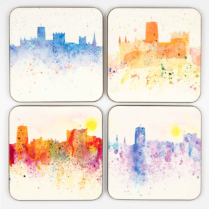 Durham Cathedral Art Coasters 4up,'Splash of Durham' wood coasters, Louisa E. Taylor, Durham Cathedral, Durham Castle, Durham City Skyline, Durham Watercolour Art, Durham Gift Product, Durham Cathedral Souvenir, North East Gift, Durham Artist