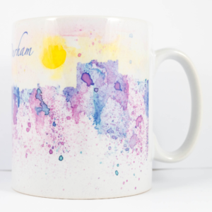 Durham Skyline Art Mug Front, 'Splash of Durham' printed mug, Louisa E. Taylor, Durham Cathedral, Durham Castle, Durham City Skyline, Durham Watercolour Art, Durham Gift Product, Durham Cathedral Souvenir, North East Gift, Durham Artist, Durham Cathedral Mug Purple Rain Front