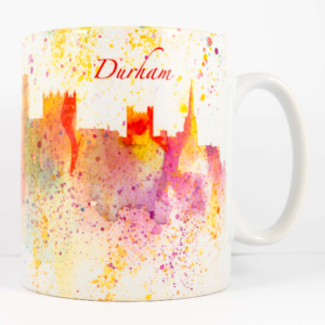 Durham Cathedral Mug Setting Sun Front, 'Splash of Durham' printed mug, Louisa E. Taylor, Durham Cathedral, Durham Castle, Durham City Skyline, Durham Watercolour Art, Durham Gift Product, Durham Cathedral Souvenir, North East Gift, Durham Artist