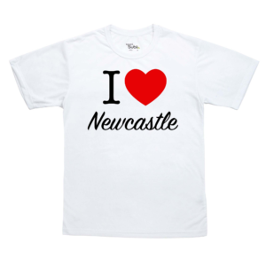 White T-shirt with a bold black 'I' and a red heart graphic, followed by the word 'Newcastle' in cursive.