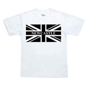 White T-shirt with a large black-and-white Union Jack block and the word NEWCASTLE across the center.