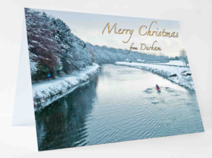 Durham Christmas Card Rowing on the Wear Snowing