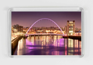 Newcastle Millennium Bridge Magnet, Newcastle Gateshead Quayside, Gateshead Millennium Bridge, Tyne Bridge, River Tyne, Sage Gateshead, The Glass House Gateshead, Twilight photograph of the Newcastle Gateshead Quayside, Newcastle Gift, Geordie Gift, Newcastle Souvenir