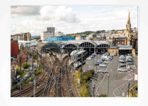 Newcastle Central Station Card, LNER, Transpennine Express trains, British Railways, Flying Scotsman, Steam Trains, Diesel trains, Electric Trains, Newcastle-upon-Tyne, North East England, Newcastle photograph, Local Artist