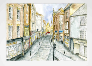 Art Card Durham Saddler Street, Louisa E. Taylor, Art Card of Durham Cathedral, Durham Watercolour Painting, Durham Waterstones, Durham Market Place, Durham Art, Durham City, County Durham, North East Artwork, Local Artist