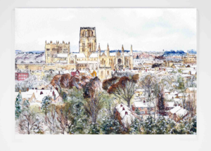 Art Card Snow Durham Cathedral, Louisa E. Taylor, Art Card of Durham Cathedral, Durham Watercolour Painting, Durham Waterstones, Durham Market Place, Durham Art, Durham City, County Durham, North East Artwork, Local Artist, Durham Cathedral in the snow, Durham Cathedral winter scene