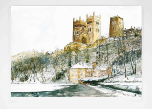 Art Card Snow Durham Riverbanks, Louisa E. Taylor, Art Card of Durham Cathedral, Durham Watercolour Painting, Durham Waterstones, Durham Market Place, Durham Art, Durham City, County Durham, North East Artwork, Local Artist, Durham Cathedral in the snow, Durham Cathedral winter scene