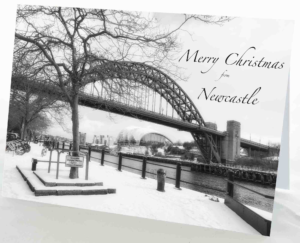 Christmas Card Newcastle Snowy Quayside B&W, Newcastle Christmas Card, Winter photograph of the Newcastle Gateshead Quayside covered in snow. Tyne Bridge, Sage Gateshead, Gateshead Millennium Bridge, River Tyne, Newcastle Christmas Gift Product, Newcastle Gift, Geordie Gift, Newcastle Souvenir, North East Gift