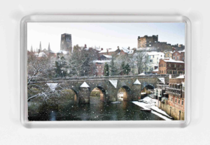 Durham in the Snow Magnet, Durham Cathedral in the snow, Snow Durham Riverbanks, Snow on River Wear, Durham Fulling Mill Museum, Durham Cathedral Snow, Winter photograph of Durham, Local artist, Local photographer, Durham Gift, Durham Souvenir