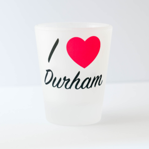 Shot Glass I Love Durham, 1.5oz frosted shot glass, Durham Gift, Durham Souvenir, Durham Cathedral Gift, Durham University, River Wear, The Shrine of St. Cuthbert, St. Aiden, County Durham, Harry Potter, Hogwarts