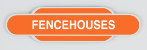 Orange rounded badge sign with white text reading 'FENCEHOUSES'